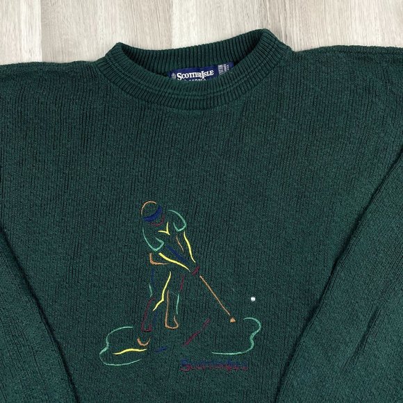 Vintage Scottish Isle Bernette Hand Framed Green Golf Embroidered Sweater USA XL - Picture 2 of 6